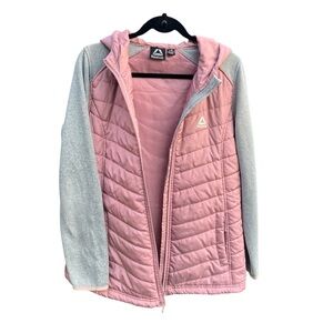 Reebok Pink Quilted Puffer Jacket Gray Knit Sleeves Hood L Layering piece Sport